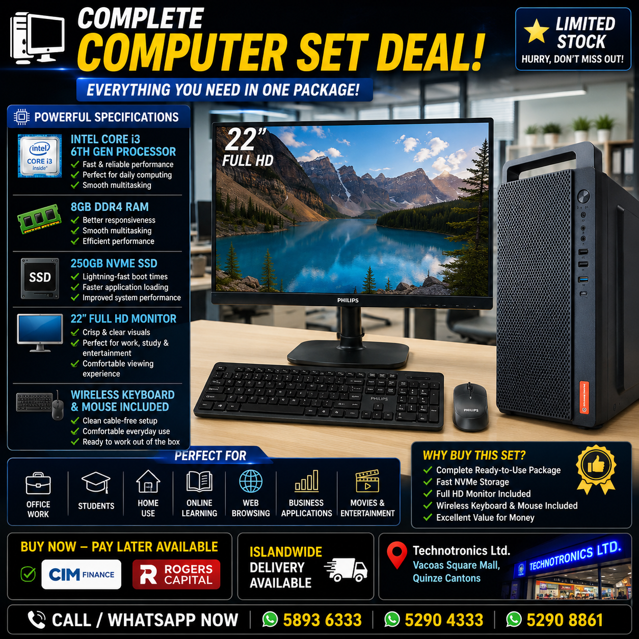 Complete Set CORE I3 6TH GEN SET, 8 GB RAM DDR4, 250 GB NVME, 22 inch Screen,Wireless Keyboard and mouse and Free GIfts
