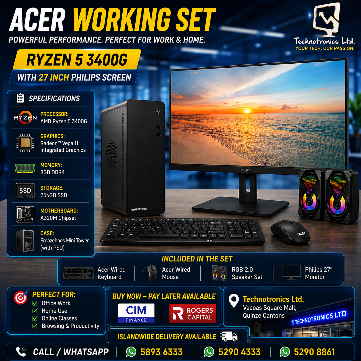 Complete Acer Set- Ryzen 5 3400G, 8GB RAm DDR4, 250 GB Nvme+ 27 Inch Screen FHD