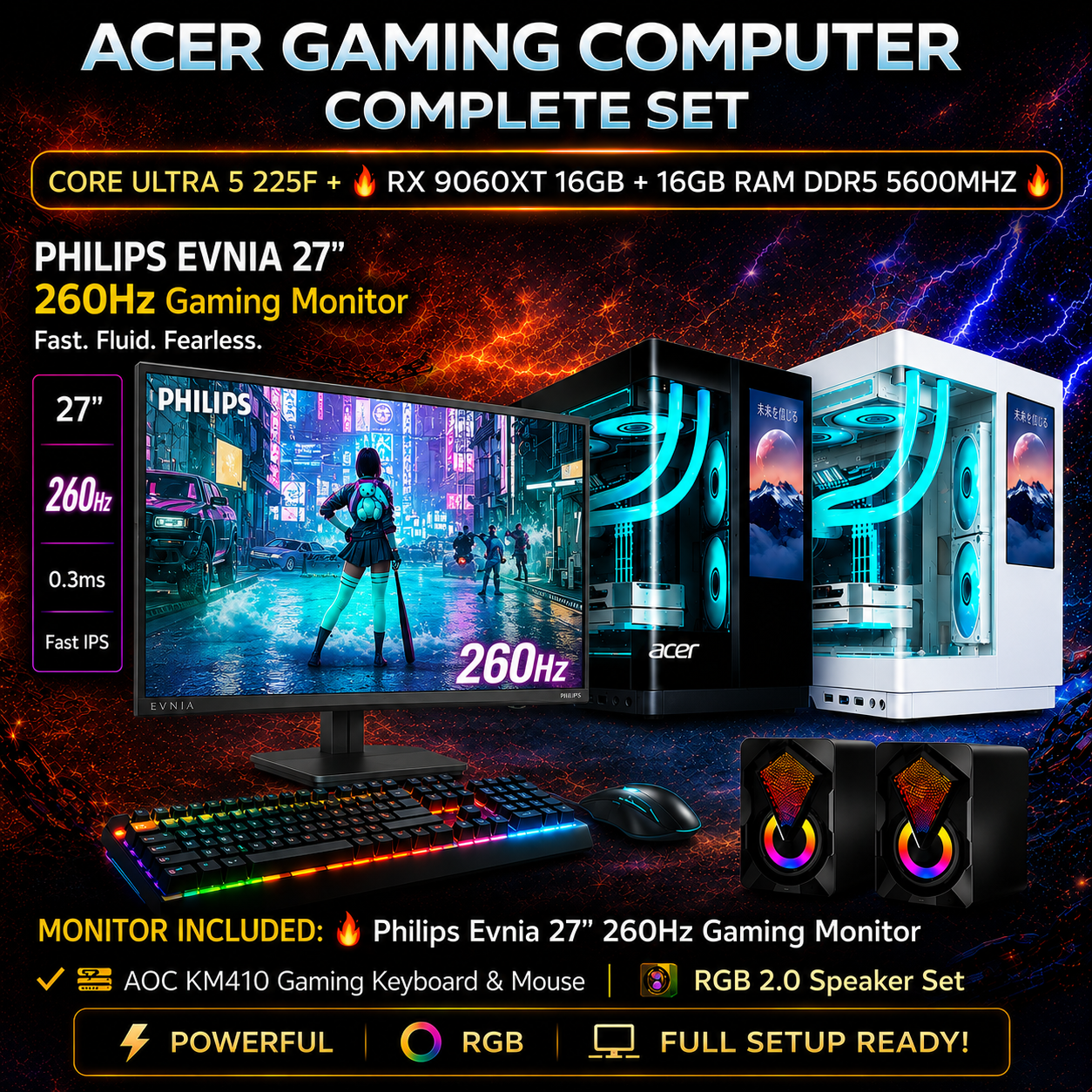 Technotronics Ltd ACER GAMING COMPLETE SET (BLACK / WHITE) | CPU: Intel Core Ultra 5 225F | 16GB DDR5 @ 5600MHz | 500GB NVMe Gen 4 | ASRock RX 9060XT 16GB