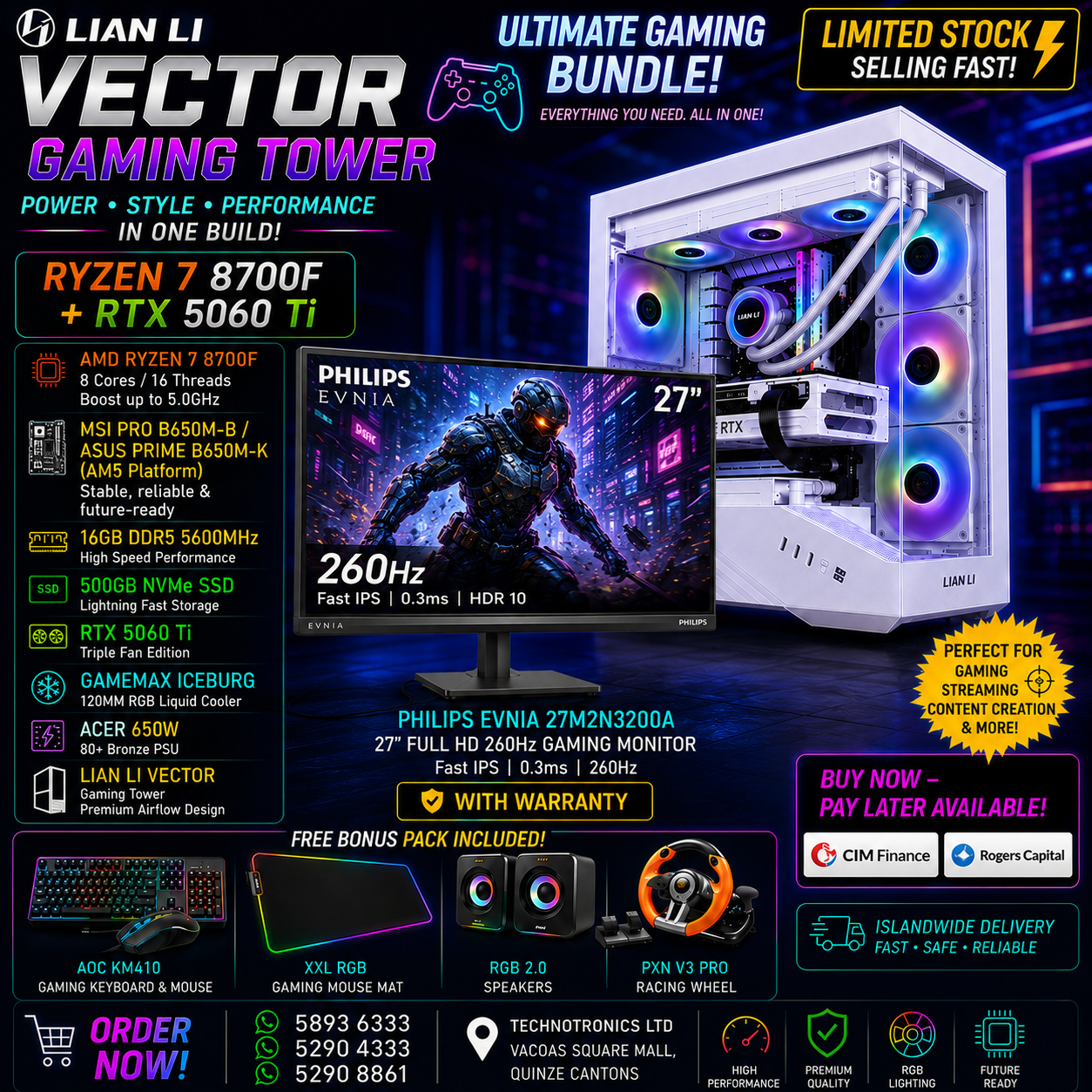 LIAN LI VECTOR GAMING SET – HIGH-END GAMING SETUP | AMD Ryzen 7 8700F | RAM 16GB DDR5 | 500GB NVMe SSD | RTX 5060 Ti | FREE Racing Wheel!