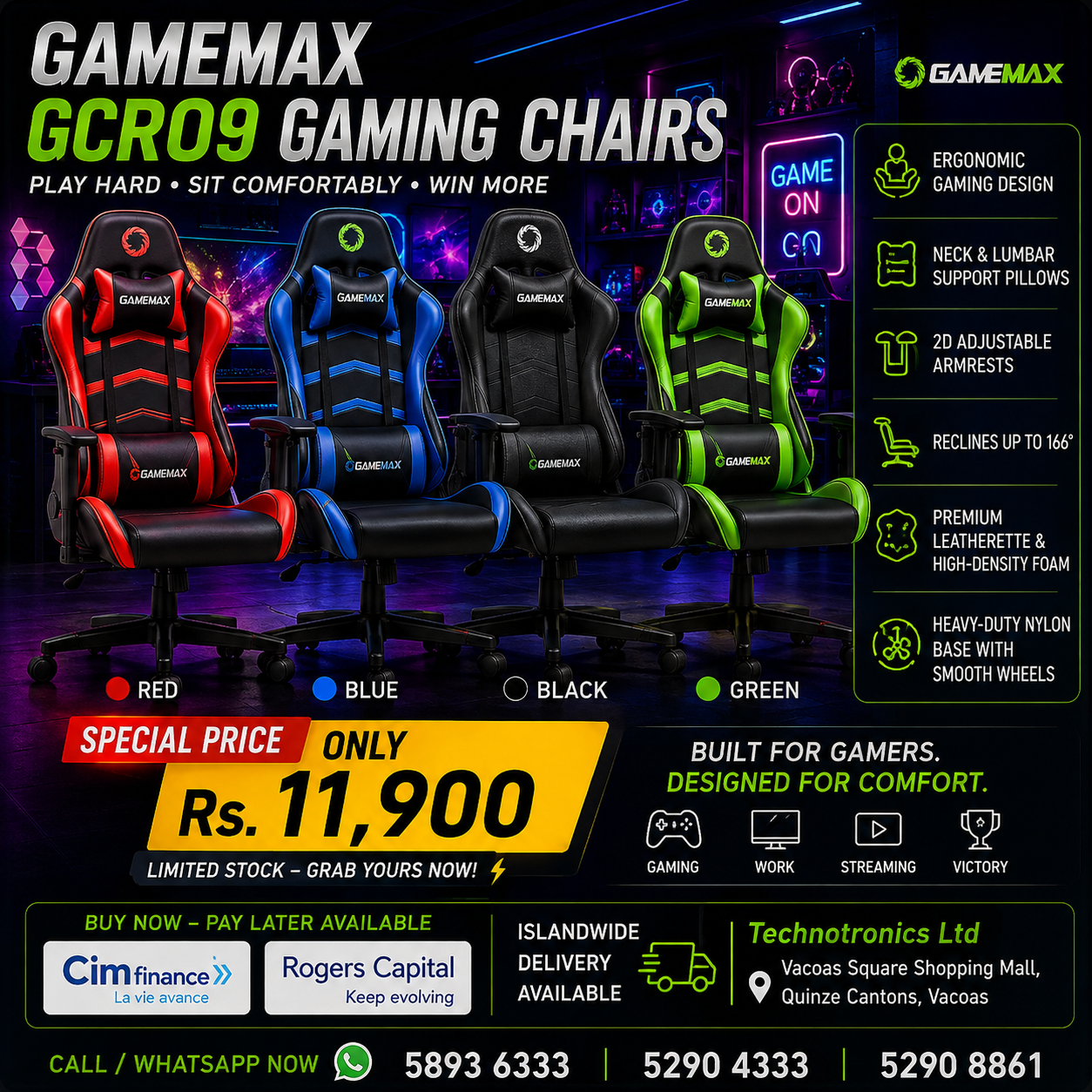 GAMEMAX GCR09 GAMING RED/BLUE/GREEN/BLACK CHAIR