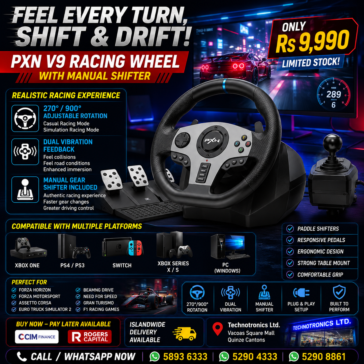 Gaming Console PXN V9 GAME STEERING WHEEL with Manual Shifter