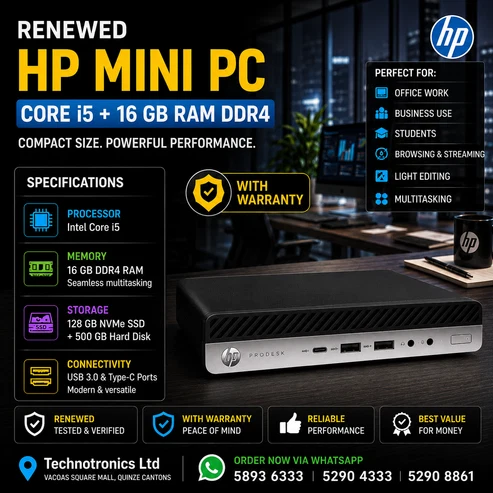 Renewed HP Mini PC | Processor: Intel Core i5 – 8th Gen | Memory: 16 GB DDR4 RAM | Storage: 128GB NVMe +500 GB Hard Disk
