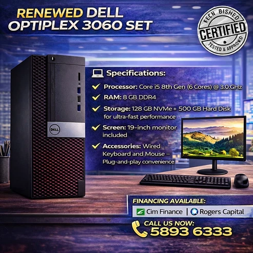 Dell Optiplex 3060 Set | Processor: Core i5 8th Gen | RAM: 8 GB | Storage: 128 GB Nvme+ 500 GB Hard Disk