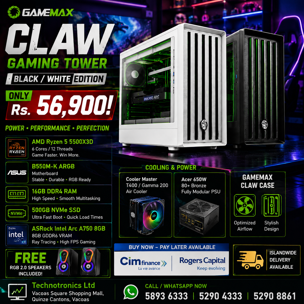 GAMEMAX CLAW BLACK / WHITE GAMING TOWER – ONLY Rs 56,900!