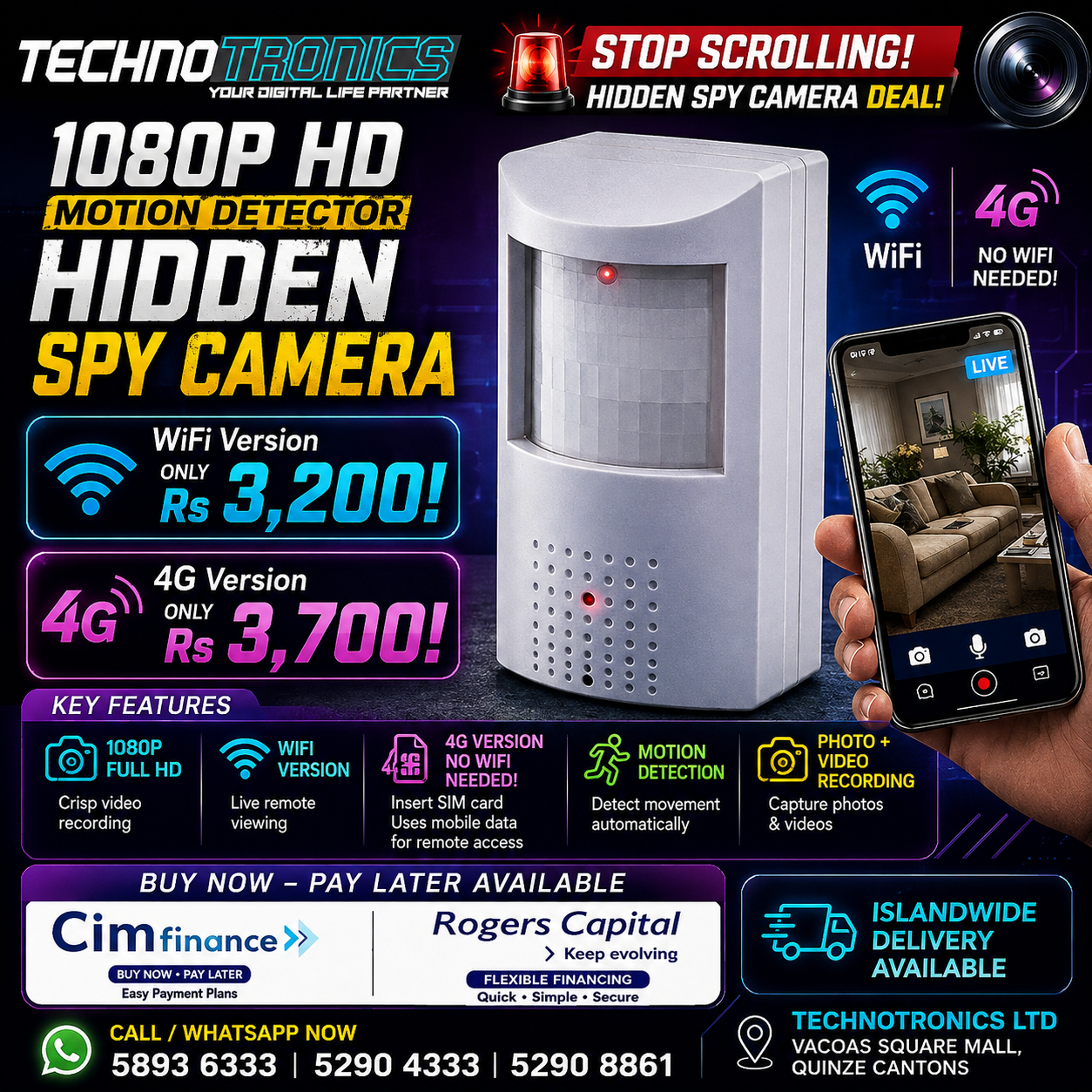 1080P FHD MOTION DETECTOR HIDDEN SPY CAMERA 4G OR WIFI