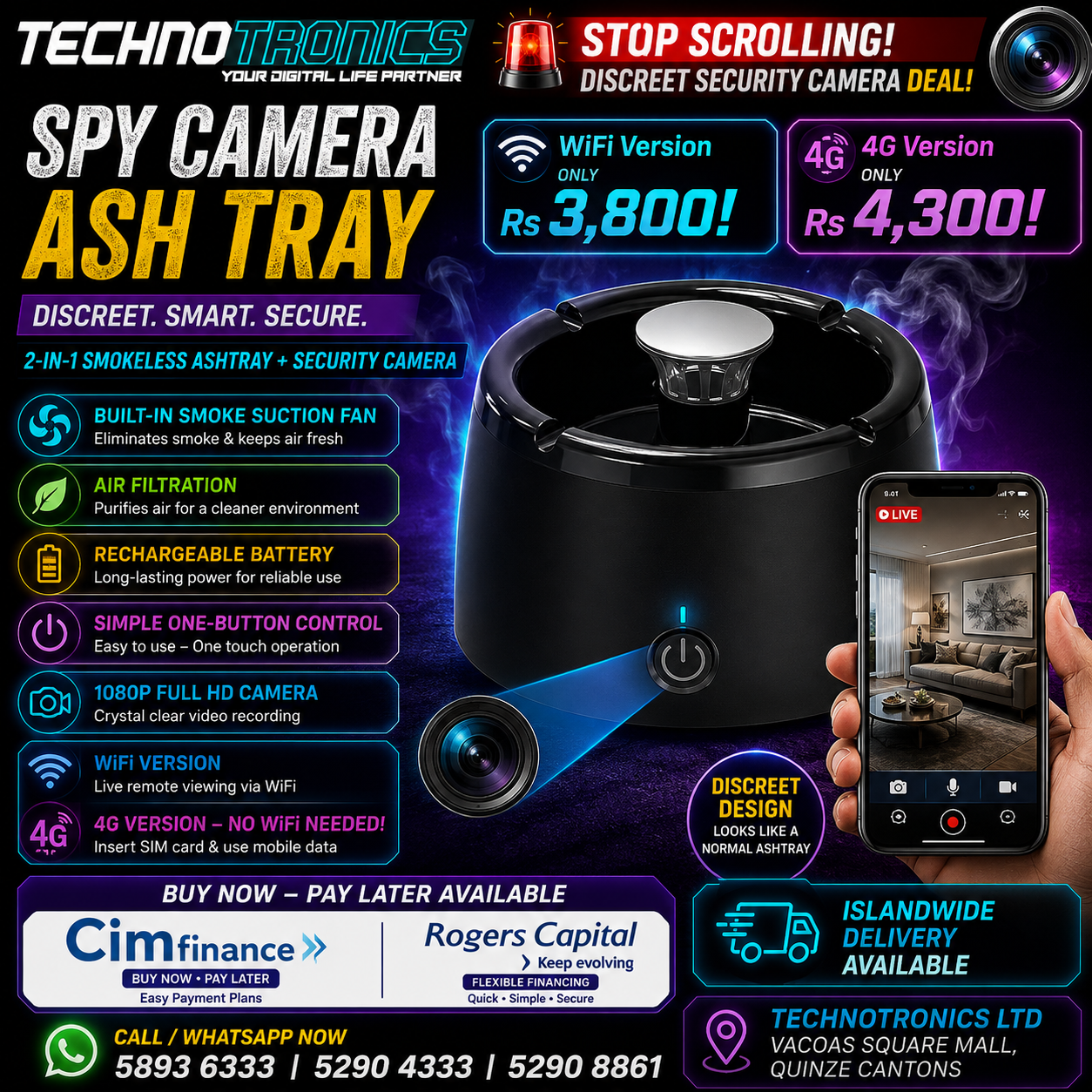 SPY CAMERA ASH TRAY Wifi/ 4G Sim Card