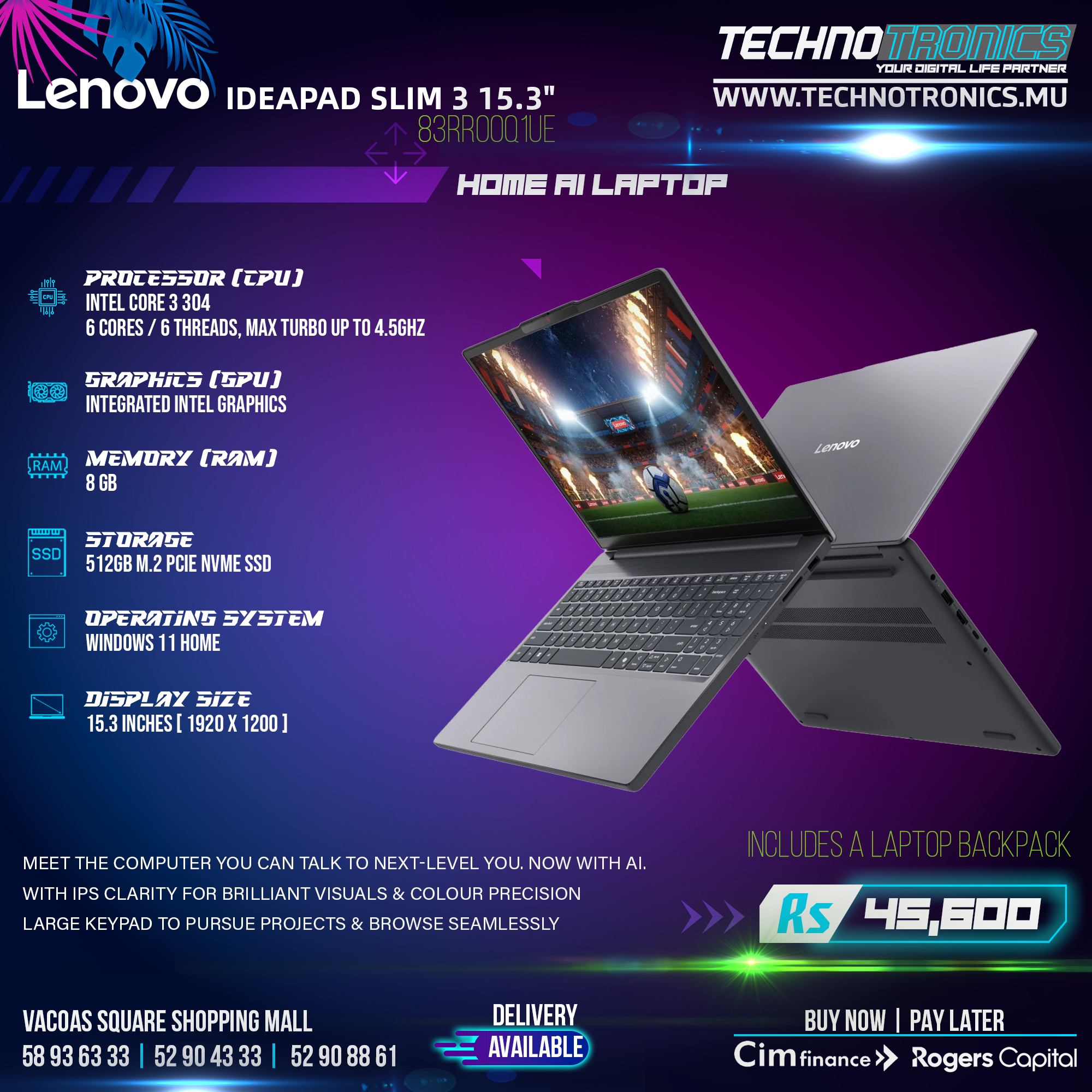 Lenovo IdeaPad Slim 3 15.3" 15IWC11-CORE 3 304 8GB DDR5 RAM-512GB SSD storage-Windows 11 Home
