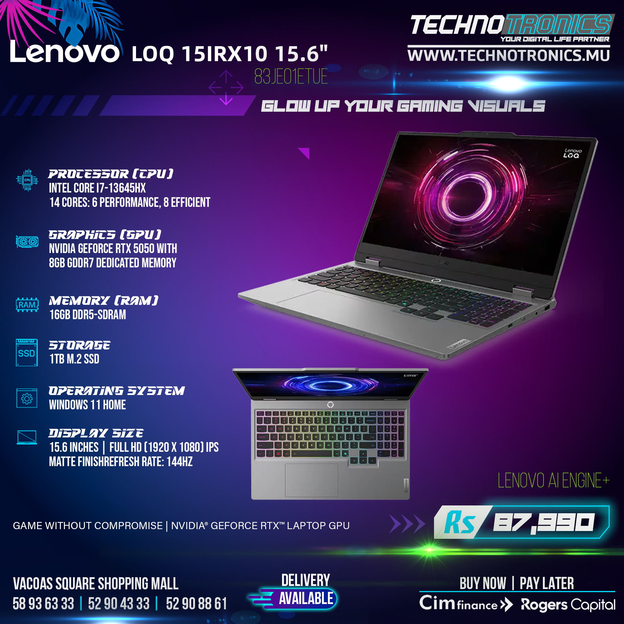 Lenovo LOQ 15IRX10 15.6" Intel Core i7-13645HX-NVIDIA GeForce RTX 5050 8GB-16GB DDR5 RAM-1TB M.2 SSD-Win 11H