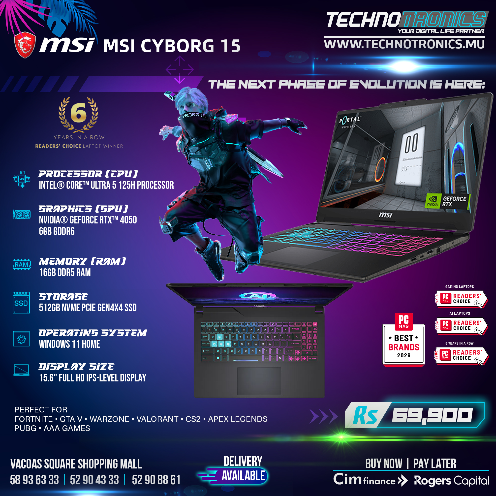 MSI CYBORG 15 AI A1VEK GAMING LAPTOP 16GB DDR5 RAM 512GB NVMe PCIe Gen4x4 SSD NVIDIA® GeForce RTX™ 4050 6GB GDDR6