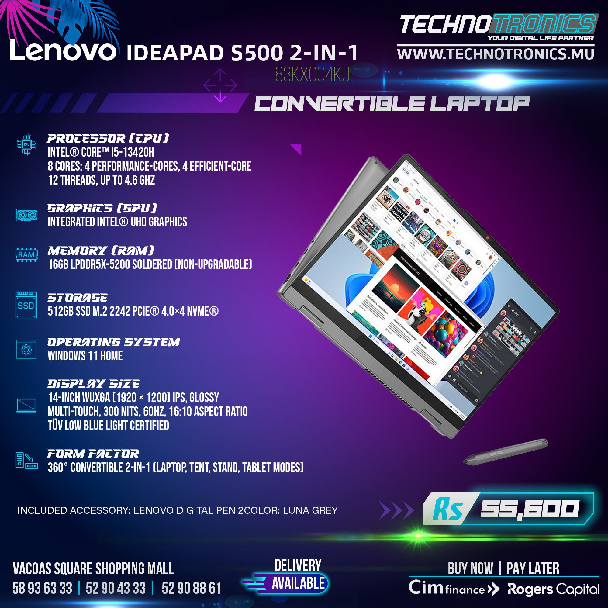 Lenovo S500 2 in 1 Oled touch display 14"- Core i5 13420H- 16GB DDR5 RAM-512GB SSD storage-Windows 11 Home