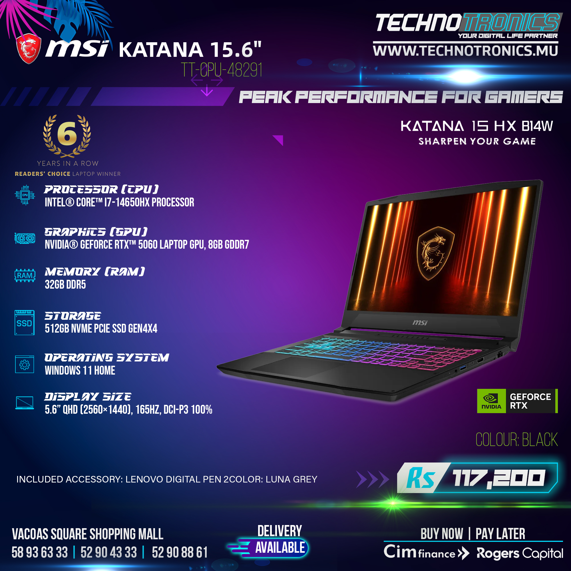 Laptop MSI Katana 15.6" HX Intel® Core™ i7-14650HX 32GB DDR5 512GB NVMe PCIe SSD Gen4x4 NVIDIA® GeForce RTX™ 5060 Laptop 8GB GDDR7