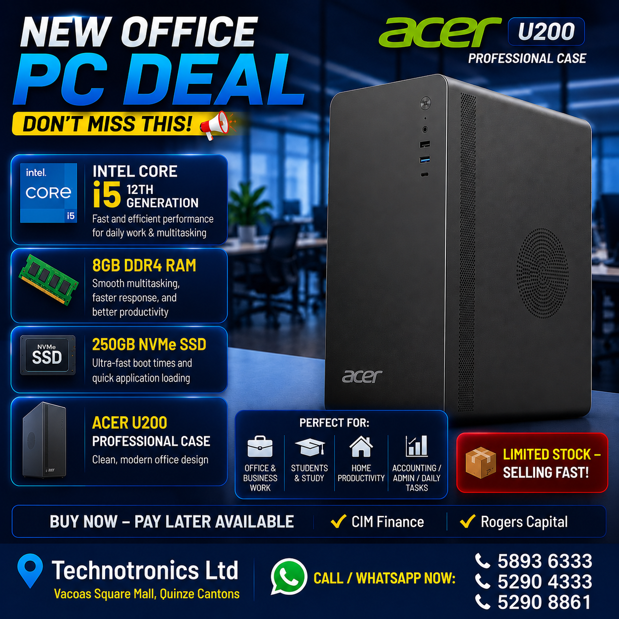 ACER OFFICE WORKING PC – Intel Core i5 12th Gen - Buy at TECHNOTRONICS Mauritius