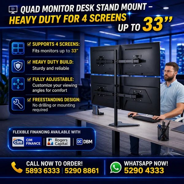 Quad Monitor Desk Stand Mount – Heavy Duty for 4 Screens up to 33 inch.(MA) - Buy at TECHNOTRONICS Mauritius