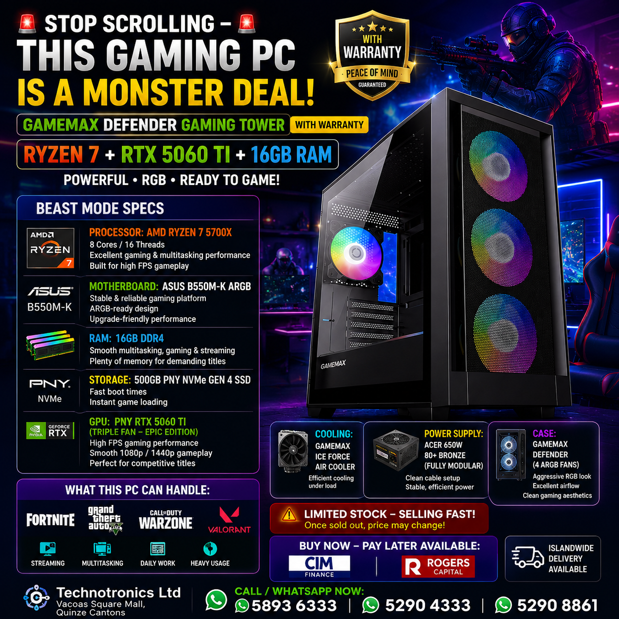 GAMEMAX DEFENDER GAMING TOWER Ryzen 7 + RTX 5060 TI + 16 GB RAM - Buy at TECHNOTRONICS Mauritius