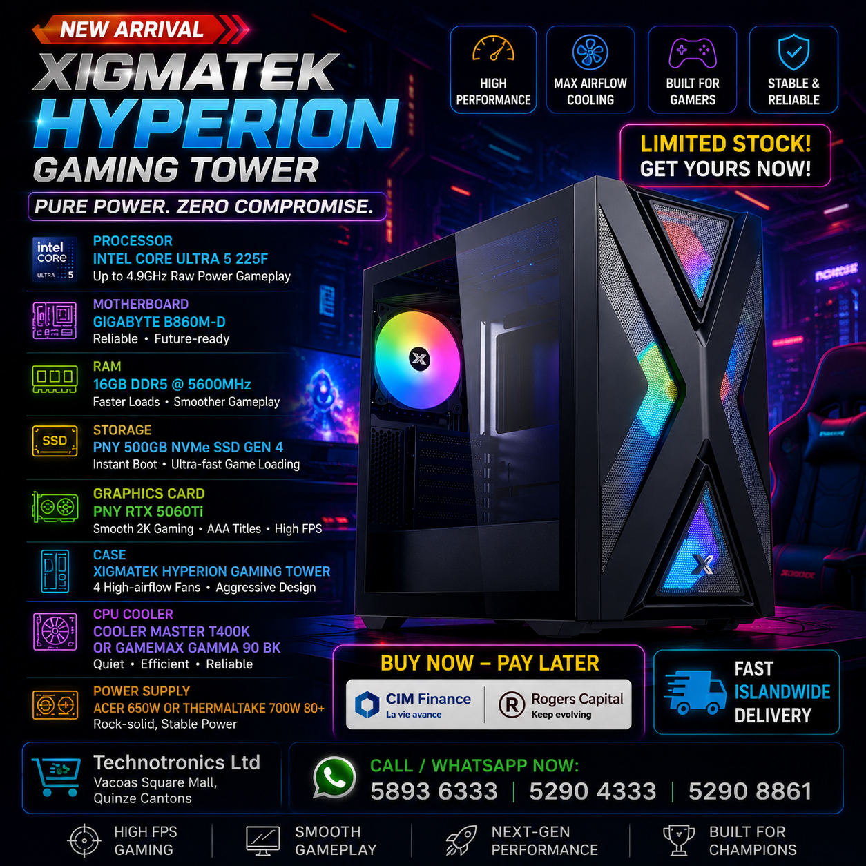 XIGMATEK HYPERION GAMING TOWER- Core Ultra 5, 16 GB Ram DDr5 ,500 GB Nvme, RTX 5060TI - Buy at TECHNOTRONICS Mauritius