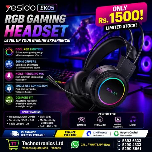 Yesido EK05 USB Wired RGB Light Gaming Headset with Mic - Buy at TECHNOTRONICS Mauritius