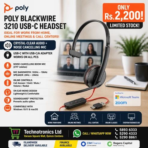 Poly Blackwire 3210 USB/ Type C Headset - Buy at TECHNOTRONICS Mauritius