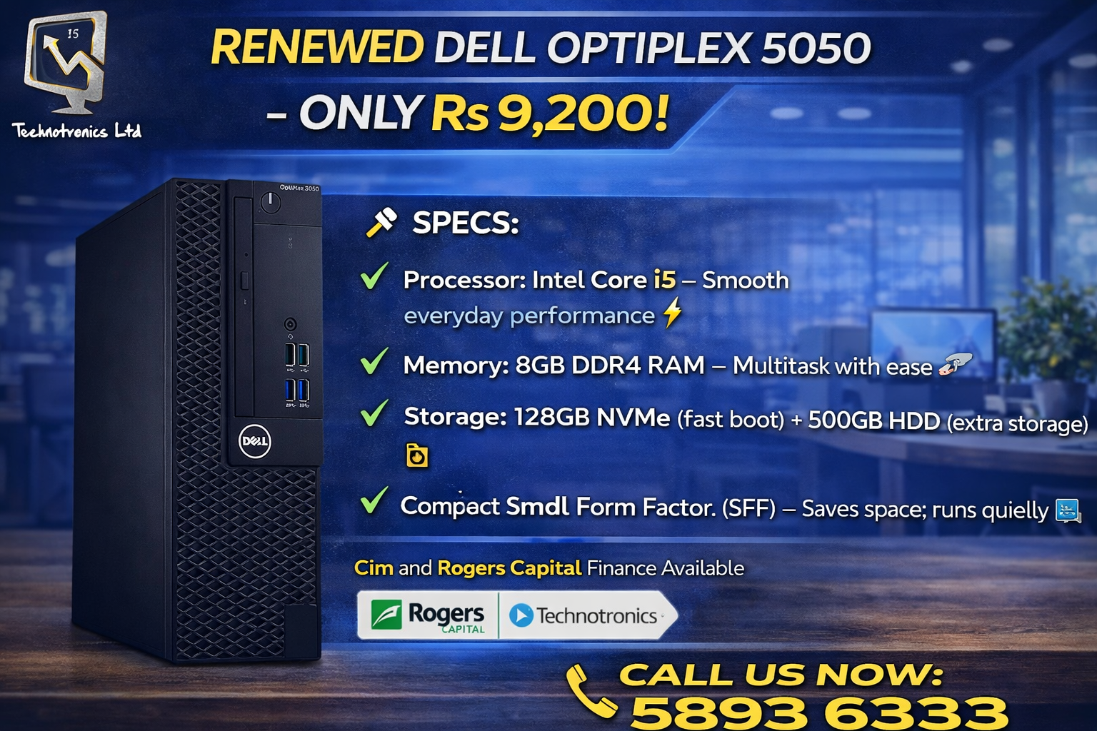 Renewed Dell Optiplex 5050 | Intel Core i5 | 8GB DDR4 RAM | 128GB NVMe + 500GB HDD - Buy at TECHNOTRONICS Mauritius