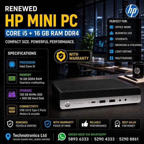 Renewed HP Mini PC | Processor: Intel Core i5 – 8th Gen | Memory: 16 GB DDR4 RAM | Storage: 128GB NVMe +500 GB Hard Disk - Buy at TECHNOTRONICS Mauritius