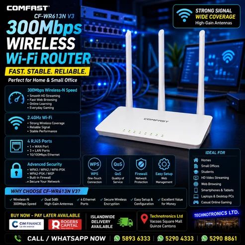 COMFAST CF-WR613N V3 300Mbps WIRELESS Wi-Fi ROUTER - Buy at TECHNOTRONICS Mauritius