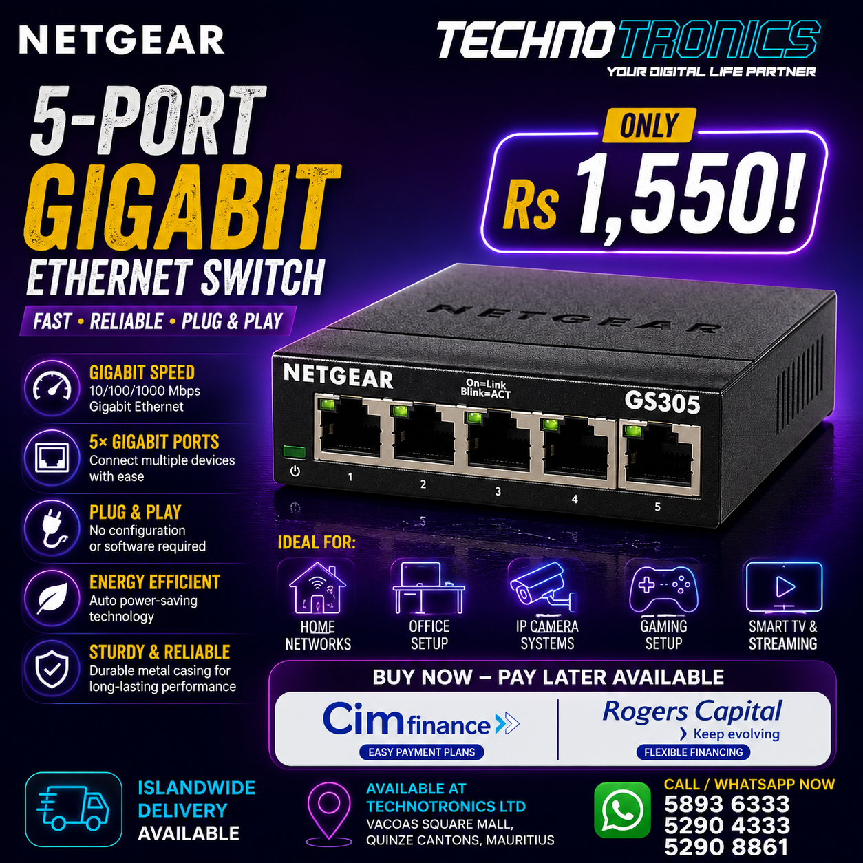 NETGEAR GS305 5-Port Gigabit Ethernet Unmanaged Essentials Switch - Buy at TECHNOTRONICS Mauritius