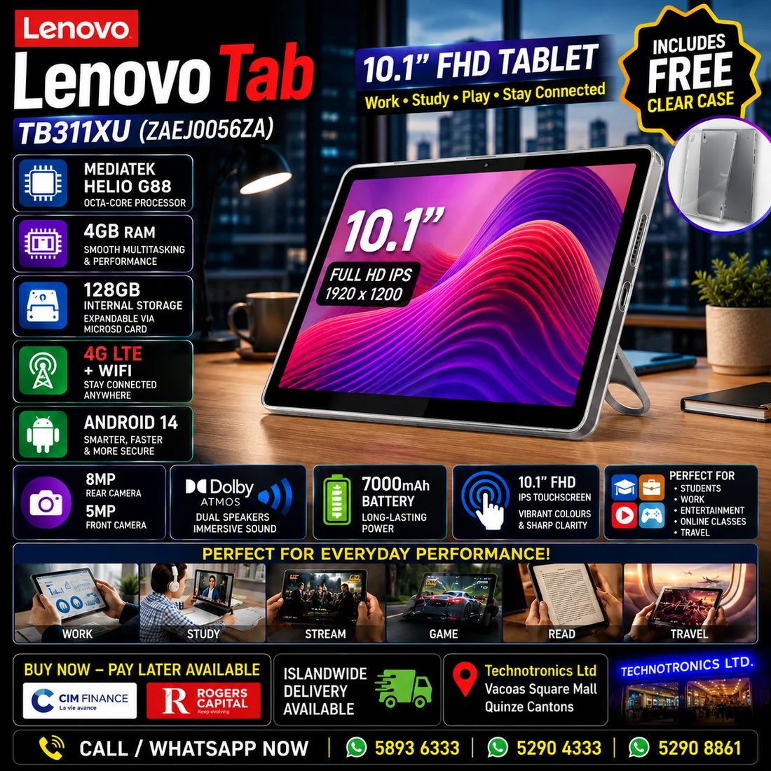 LENOVO TB311XU 10.1" TABLET (ZAEJ0056ZA) - Buy at TECHNOTRONICS Mauritius