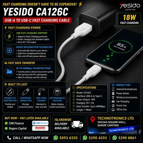 YESIDO CA126C USB-A to USB-C Fast Charging Cable - Buy at TECHNOTRONICS Mauritius