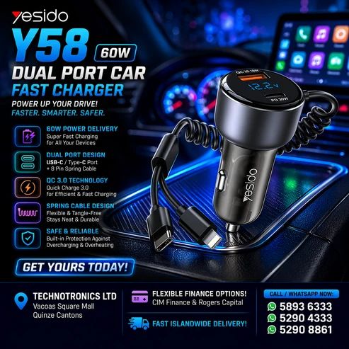 Yesido Y58 60W PD + QC3.0 Dual Port Car Fast Charger with USB-C / Type-C + 8 Pin Spring Cable- Vehicle - Buy at TECHNOTRONICS Mauritius