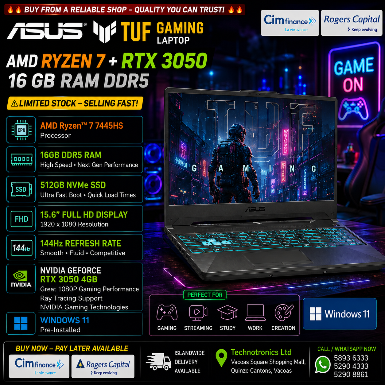 ASUS TUF GAMING 15.6" FA506NCG | Processor: AMD Ryzen 7 7445HS | Memory: 16 GB DDR5 | Storage: 512GB PCIe®️ 4.0 NVMe | Graphics: RTX 3050 4GB GDDR6 - Buy at TECHNOTRONICS Mauritius