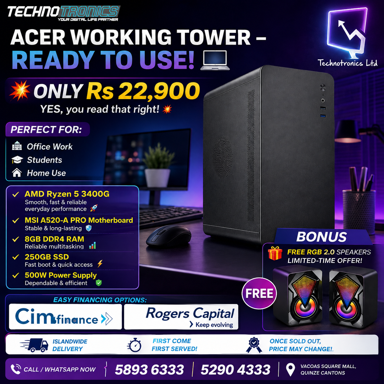 FULL ACER WORKING TOWER -Ryzen 5 3400G, 8GB RAm, 250GB Nvme - Buy at TECHNOTRONICS Mauritius