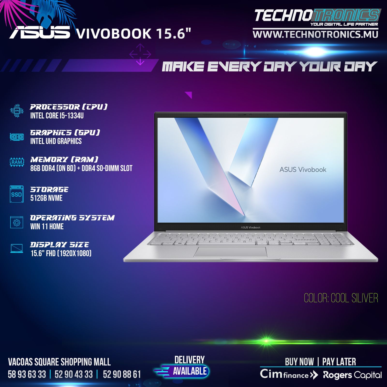 ASUS vivobook 15.6" F1504VA | Intel Core i5-1334U | Memory: 8GB DDR4 | Storage: 512GB PCIe®️ 4.0 NVMe - Buy at TECHNOTRONICS Mauritius