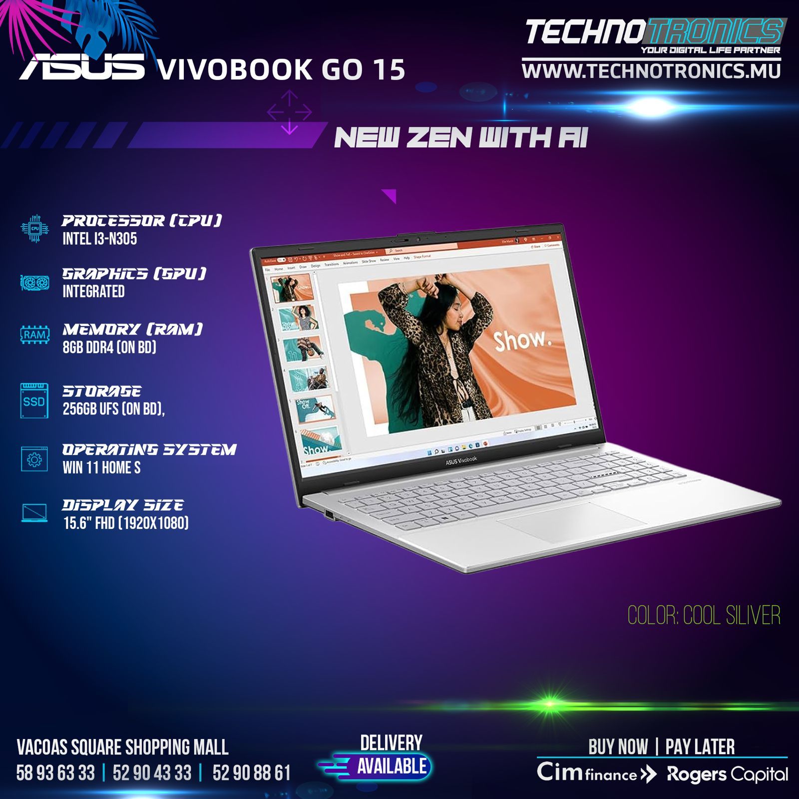 ASUS VIVOBOOK GO E1504GA | Processor: Intel Core i3-N305 | Memory: 8GB DDR4 ON BOARD| Storage: 256GB M.2 NVMe SSD - Buy at TECHNOTRONICS Mauritius