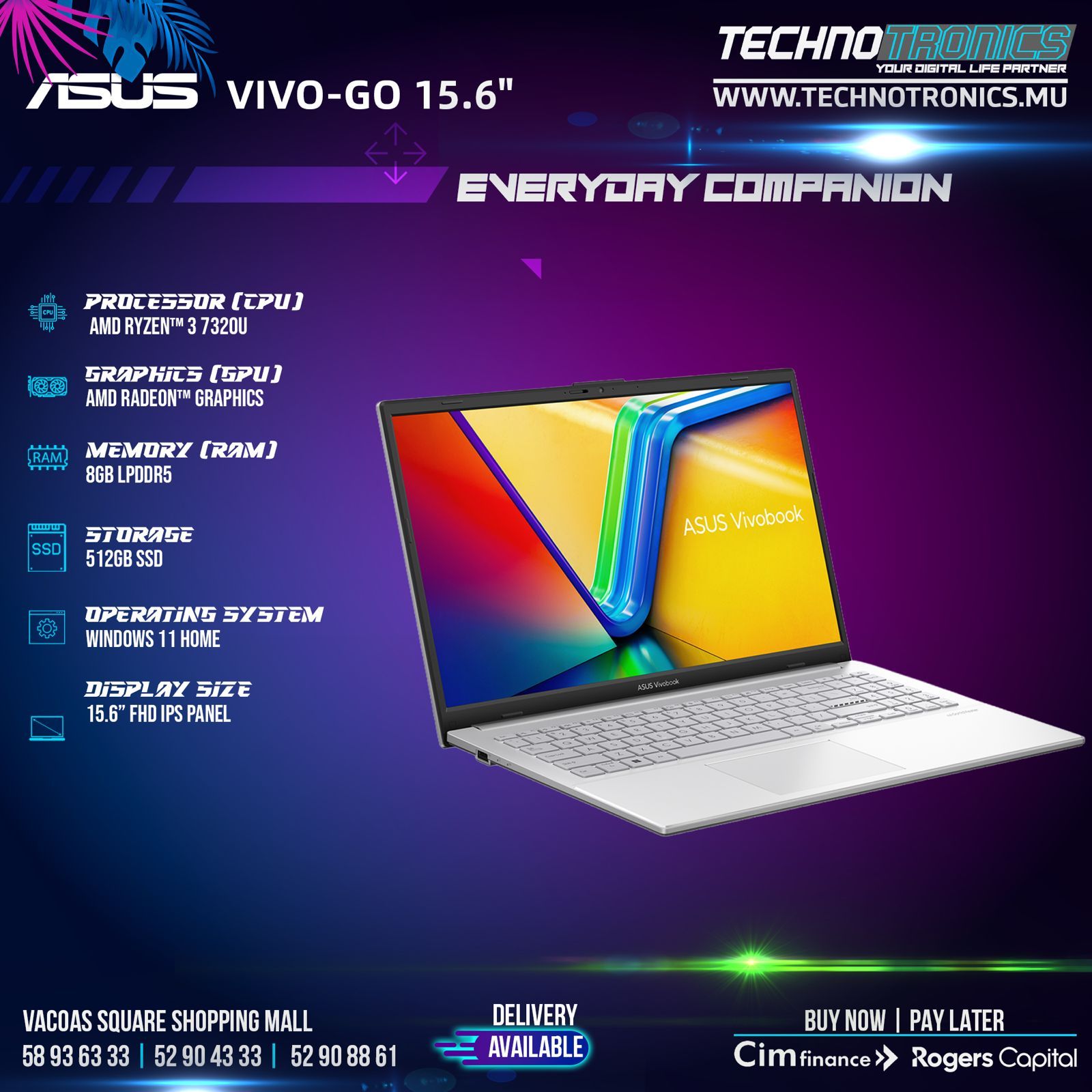 ASUS VIVO-GO 15.6" E1504VFA | AMD Ryzen 3 7320U | Memory: 8GB DDR5 | Storage: 512GB PCIe®️ 4.0 NVMe - Buy at TECHNOTRONICS Mauritius