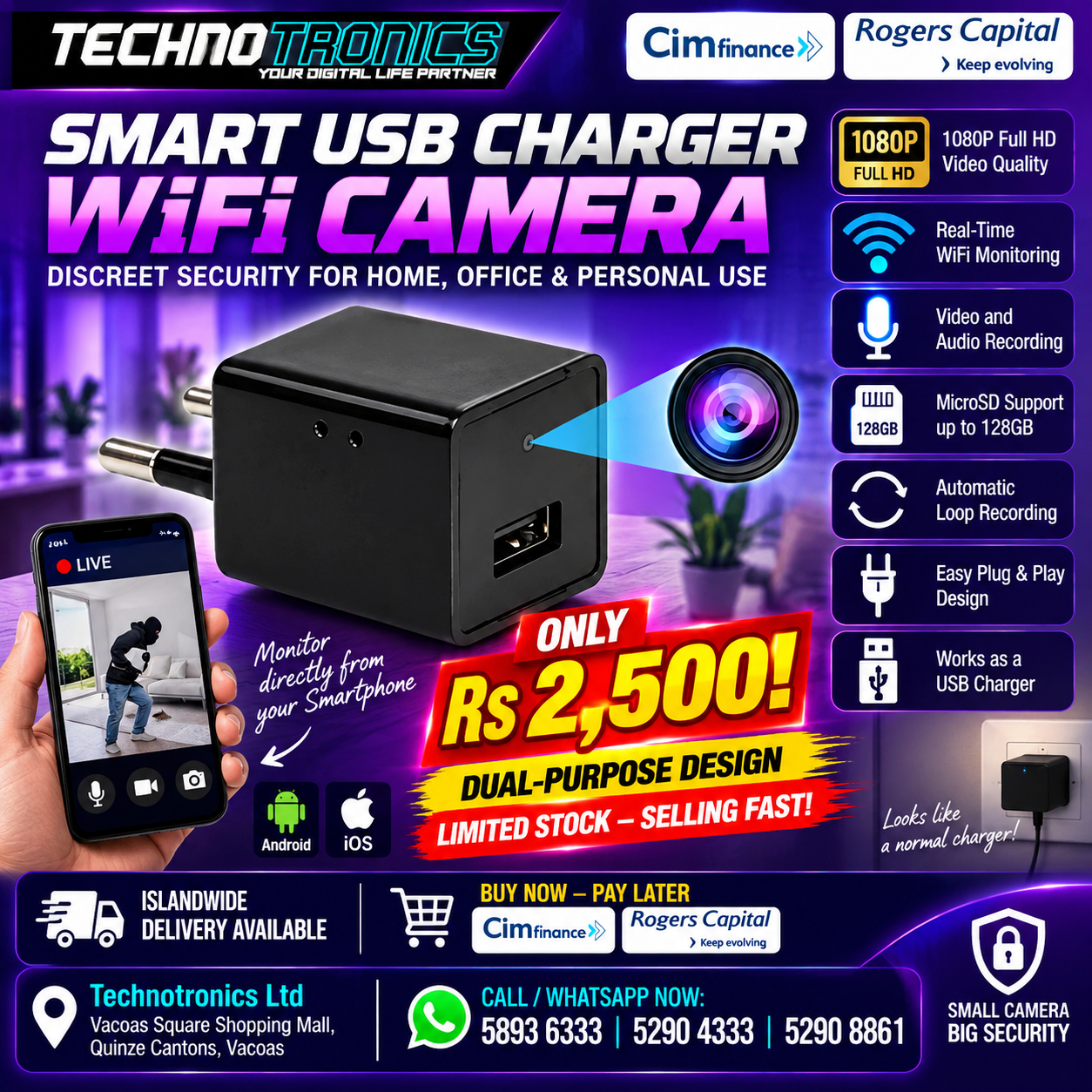 SMART USB CHARGER WiFi CAMERA - Buy at TECHNOTRONICS Mauritius