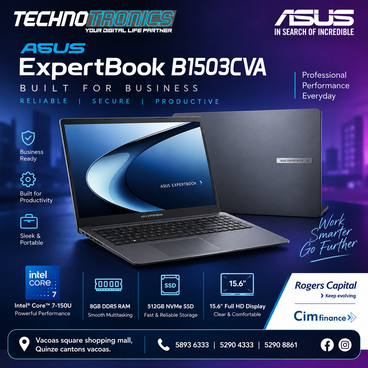 ASUS ExpertBook 15.6" B1503CVA| Intel Core 7-150U| 8GB DDR5 RAM| 512GB NVMe SSD - Buy at TECHNOTRONICS Mauritius