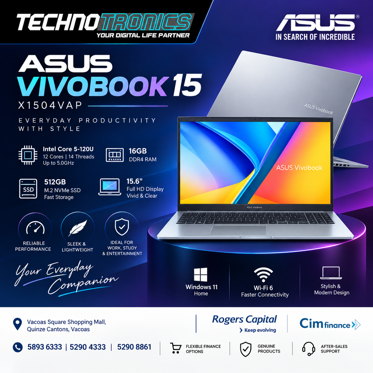 Asus Vivobook 15.6" X1504VAP | Intel Core 5-120U | 16GB DDR4 RAM | 512GB M.2 NVMe SSD - Buy at TECHNOTRONICS Mauritius