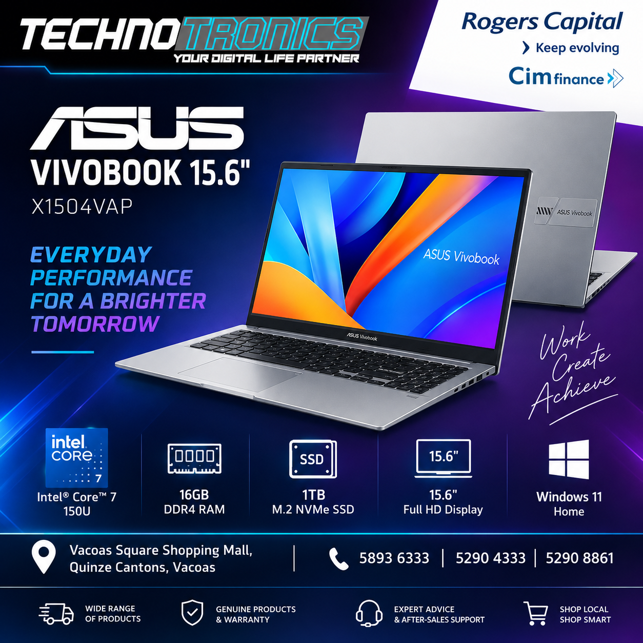 Asus Vivobook 15.6" X1504VAP | Intel Core 7-150U | 16GB DDR4 RAM | 1TB M.2 NVMe SSD - Buy at TECHNOTRONICS Mauritius
