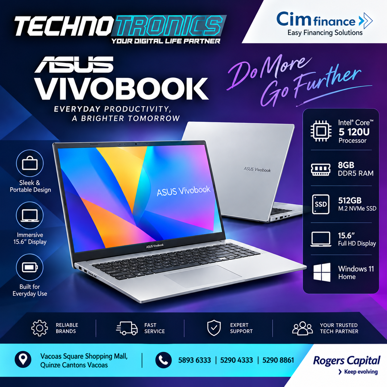 Asus Vivobook 15.6" X1504VA | Intel Core 5 120U | 8GB DDR4 RAM | 512GB M.2 NVMe SSD - Buy at TECHNOTRONICS Mauritius