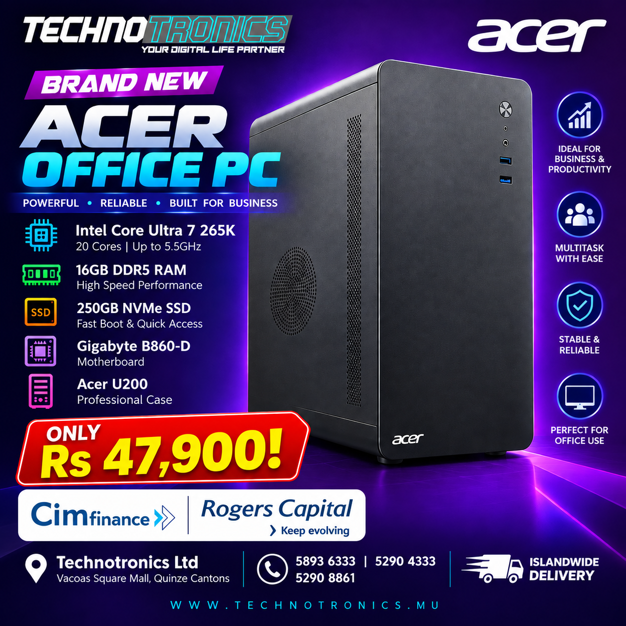 BRAND NEW ACER OFFICE WORKING PC – INTEL CORE ULTRA 7! - Buy at TECHNOTRONICS Mauritius