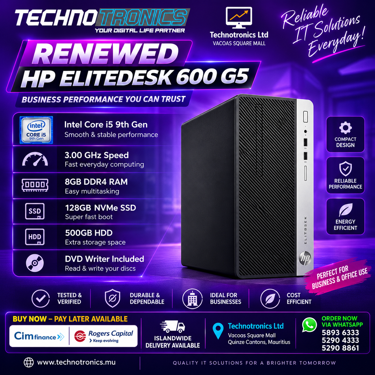 HP ELITEDESK 600 G5 | Core i5 9th gen | 8 GB Ram | 128GB NVME+ 500 GB Hard Disk - Buy at TECHNOTRONICS Mauritius