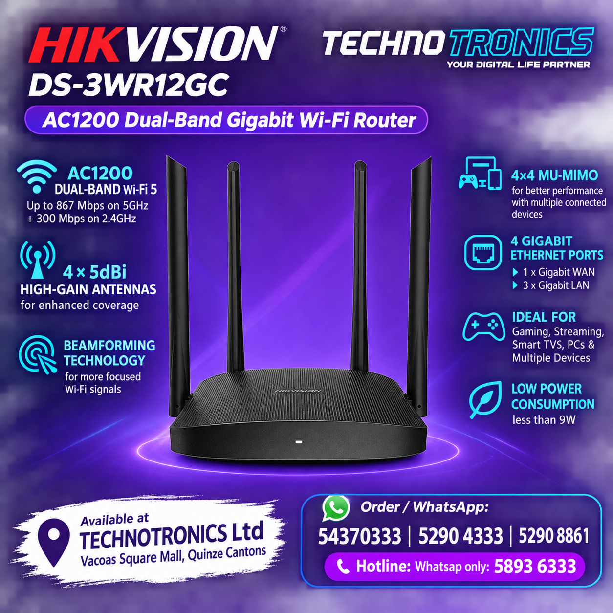 Hikvision DS-3WR12GC AC1200 Dual-Band Gigabit Wi-Fi Router - Buy at TECHNOTRONICS Mauritius