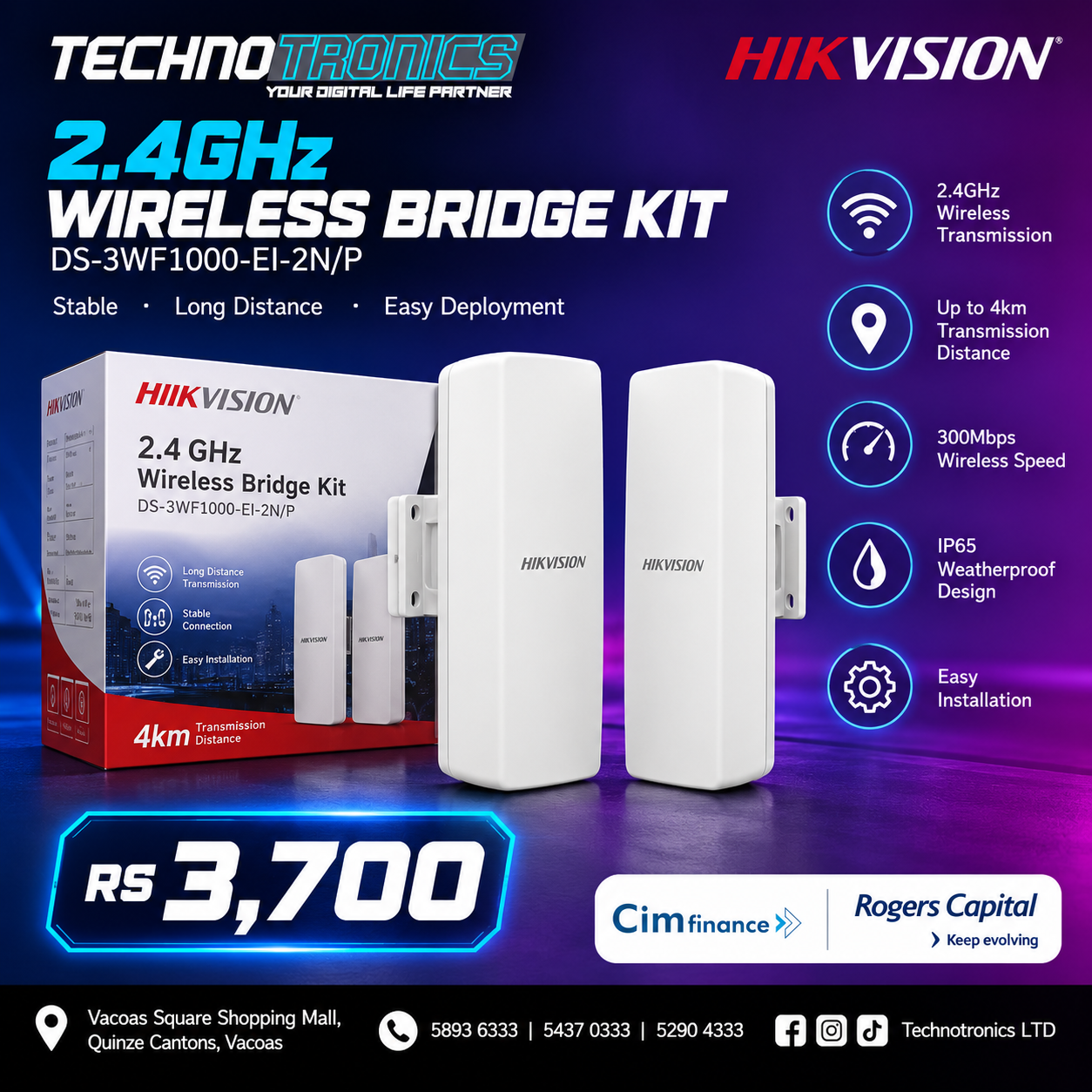 Hikvision DS-3WF1000-EI-2N/P 2.4GHz Wireless Bridge Kit - Buy at TECHNOTRONICS Mauritius