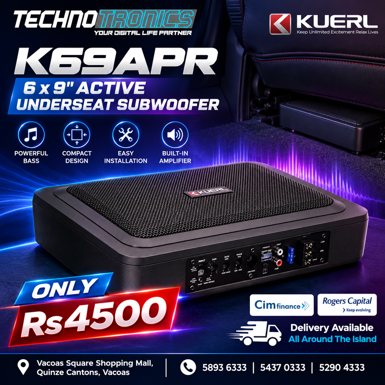 KUERL K69APR 6×9" 800W Active Underseat Subwoofer - Buy at TECHNOTRONICS Mauritius