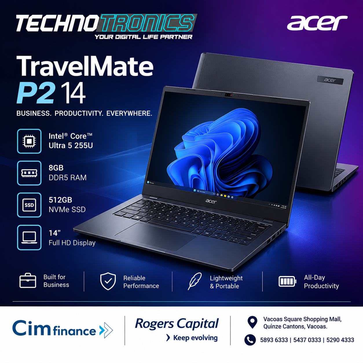 Acer TravelMate 14" P2 14| Intel Core Ultra 5 255U| 8GB DDR5 RAM| 512GB NVMe SSD - Buy at TECHNOTRONICS Mauritius