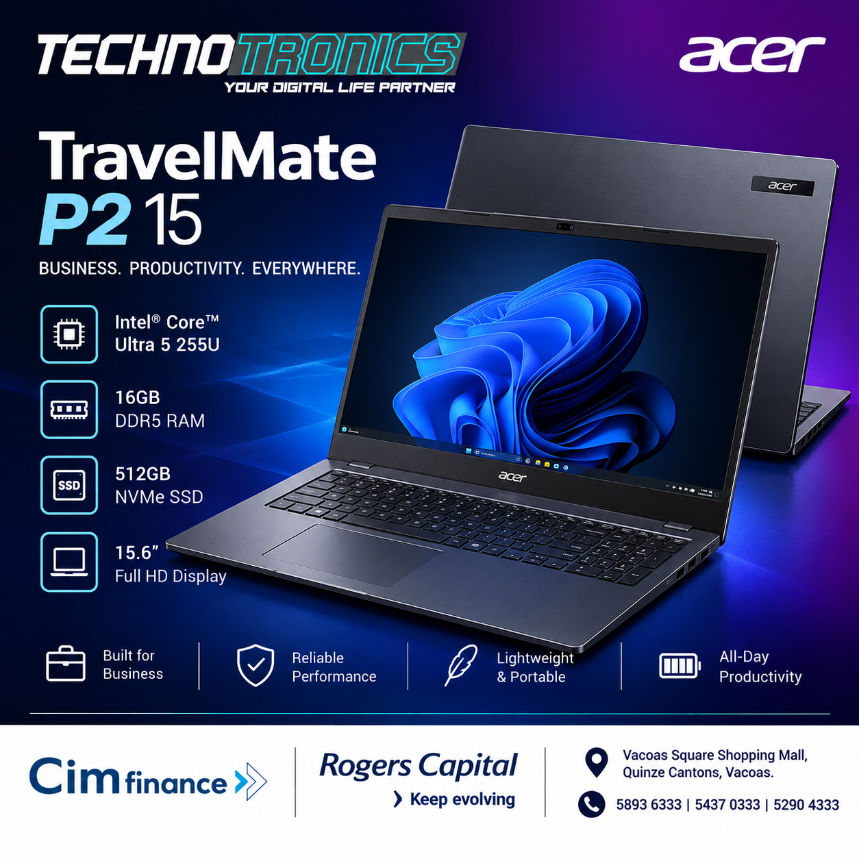 Acer TravelMate 15.6" P2 15| Intel Core Ultra 5 255U| 16GB DDR5 RAM| 512GB NVMe SSD - Buy at TECHNOTRONICS Mauritius