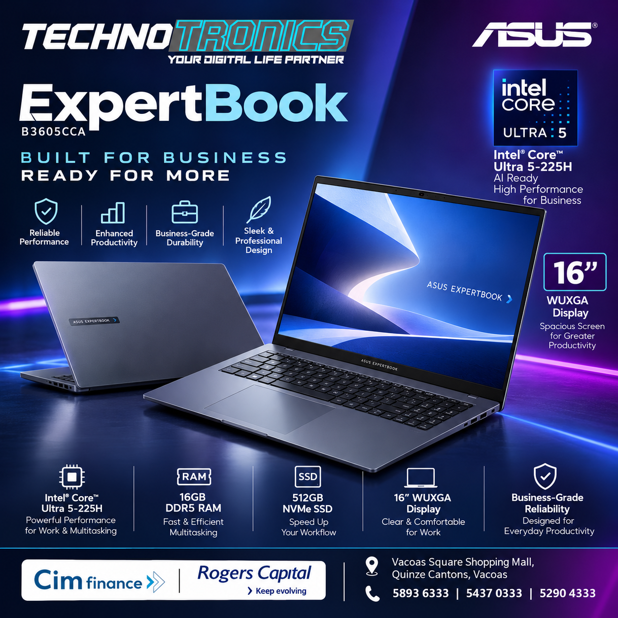 ASUS ExpertBook 16" B3605CCA| Intel Core Ultra 5-225H | 16GB DDR5 RAM | 512GB NVMe SSD - Buy at TECHNOTRONICS Mauritius