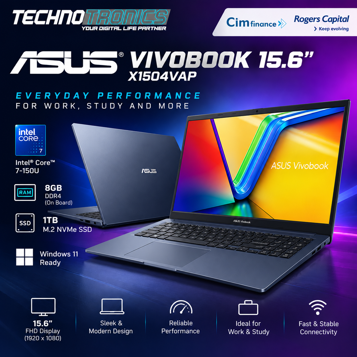 Asus Vivobook 15.6" X1504VAP | Intel Core 7-150U | 8GB (OB) DDR4 RAM | 1TB M.2 NVMe SSD - Buy at TECHNOTRONICS Mauritius