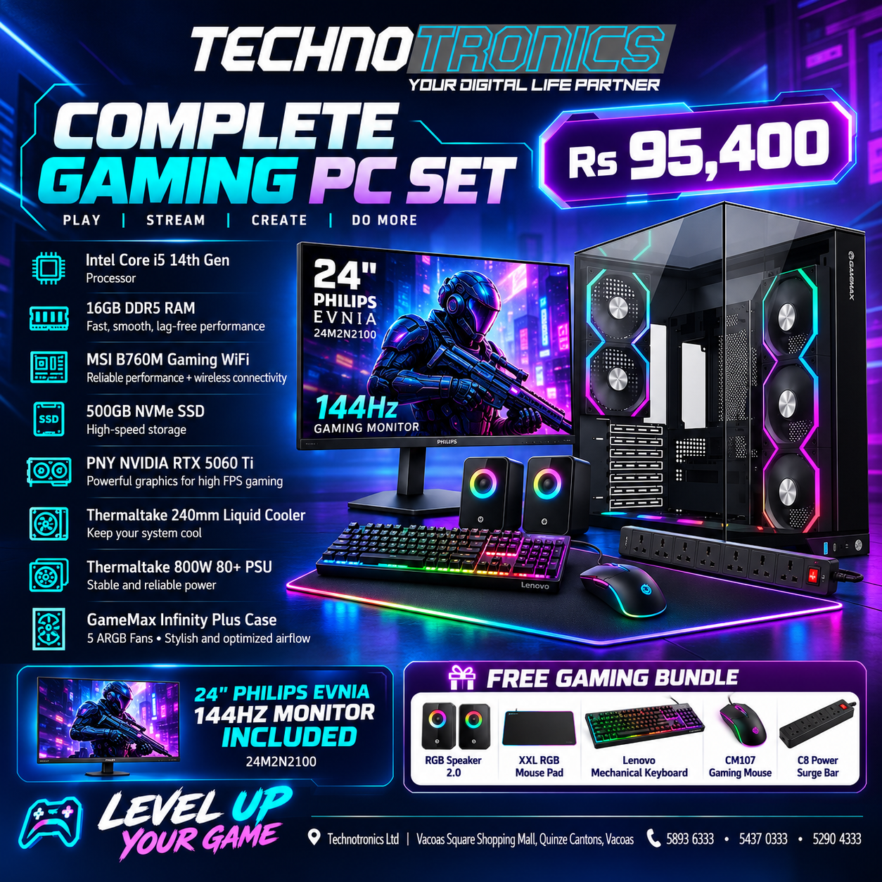 Gamemax Infinity Plus Set | Core i5 13th gen | 16GB RAM DDR5 | Storage: 500GB NVMe Gen 4 SSD| RTX 5060TI - Buy at TECHNOTRONICS Mauritius