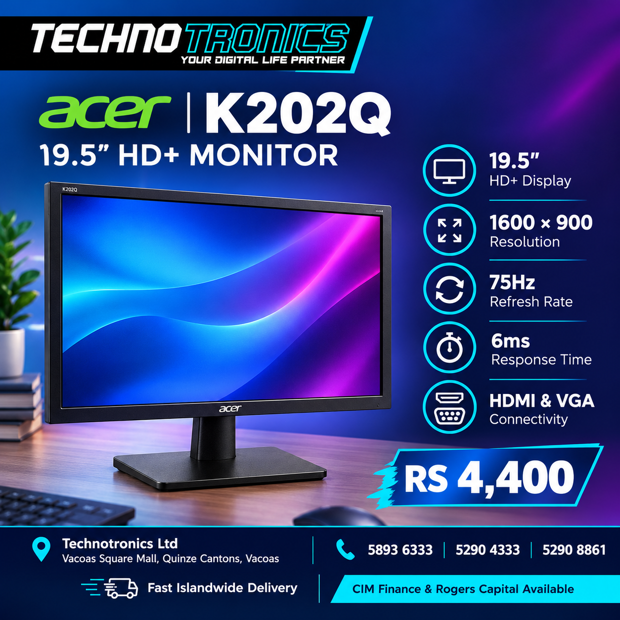 ACER K202Q 19.5” HD+ MONITOR - Buy at TECHNOTRONICS Mauritius